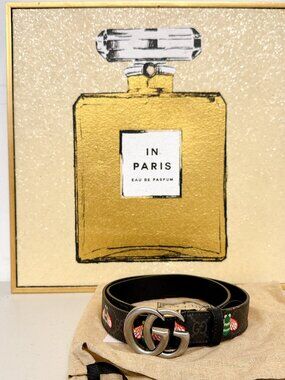 Gucci 414516 GG Logo Buckle Marmont Bees Print Leather Belt Black